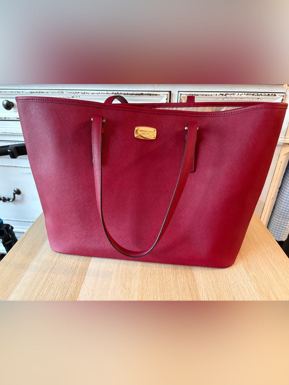 Michael Kors Cranberry Saffiano Leather Tote with Gold Plaque